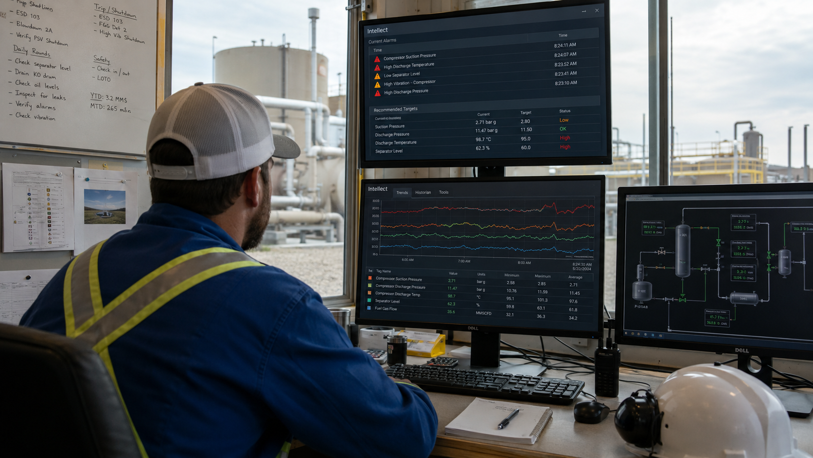 Industrial operator reviewing process screens and model-based operating data
