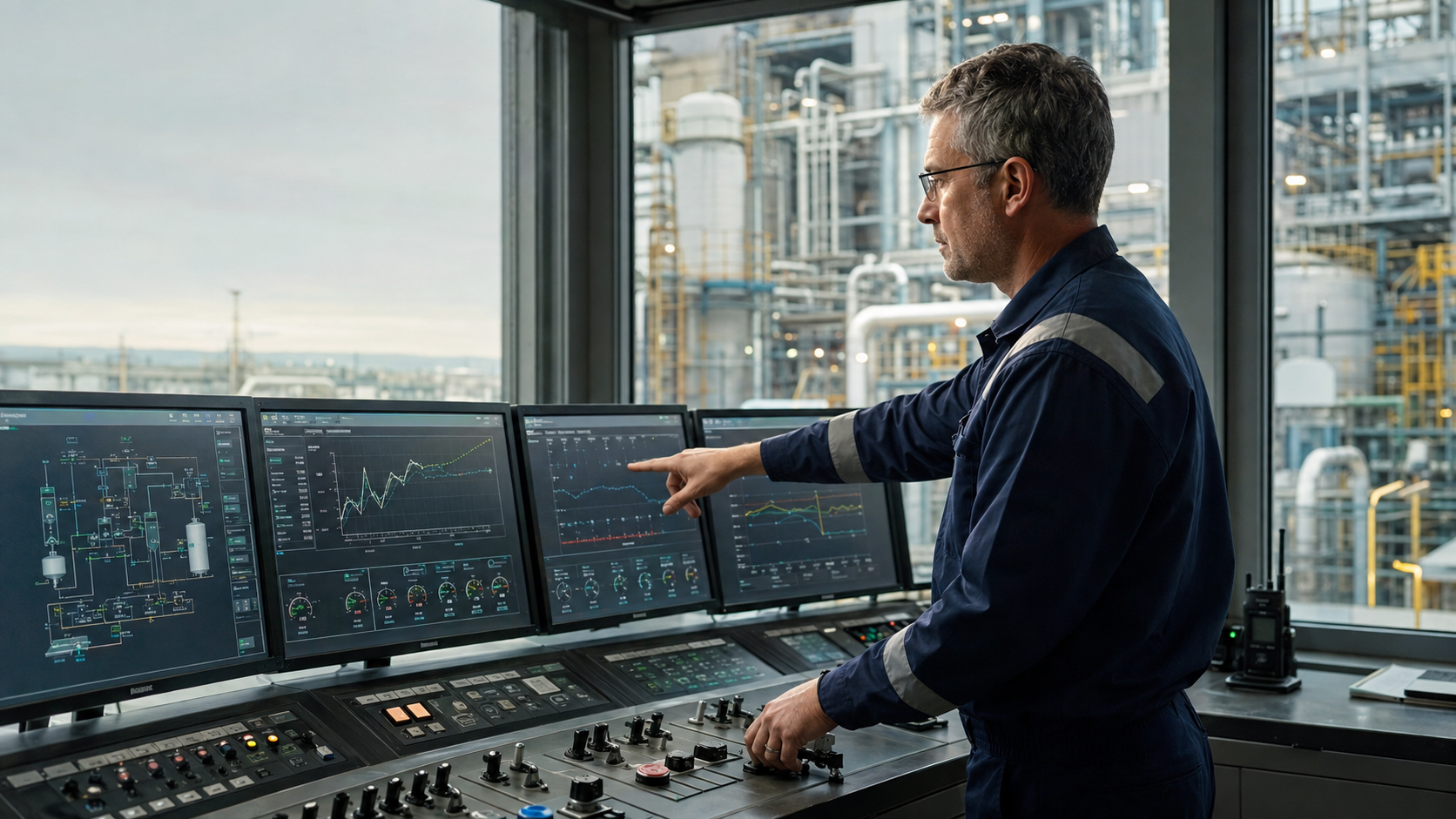 Industrial operator reviewing process data in a control room